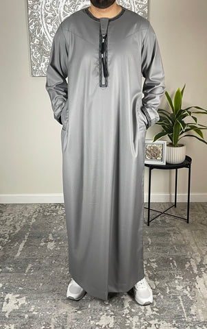 Premium Men’s Grey Embroidered Omani Thobe