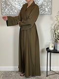 Olive Green Wide Sleeve Nida Open Abaya