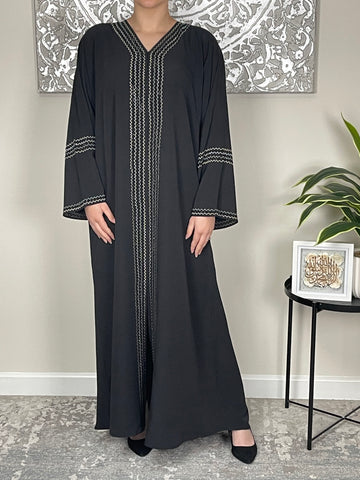 Black Crepe Embellished and Embroidered Open Abaya