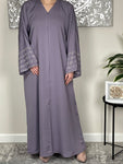 Lilac Nida Open Abaya with Embellished and Embroidered Sleeves