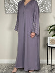 Lilac Nida Open Abaya with Embellished and Embroidered Sleeves