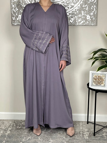 Lilac Nida Open Abaya with Embellished and Embroidered Sleeves