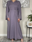 Lilac Nida Open Abaya with Embellished and Embroidered Sleeves