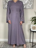 Lilac Nida Open Abaya with Embellished and Embroidered Sleeves