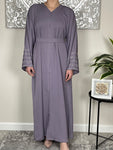 Lilac Nida Open Abaya with Embellished and Embroidered Sleeves