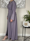 Lilac Nida Open Abaya with Embellished and Embroidered Sleeves