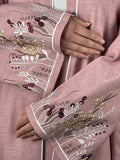 Pink Open Linen Abaya with Embroidered Sleeves