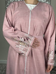 Pink Open Linen Abaya with Embroidered Sleeves