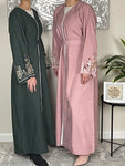 Pink Open Linen Abaya with Embroidered Sleeves