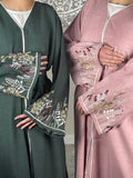 Pink Open Linen Abaya with Embroidered Sleeves