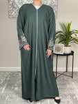 Forest Green Open Linen Abaya with Embroidered Sleeves