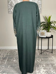 Forest Green Open Linen Abaya with Embroidered Sleeves