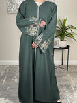 Forest Green Open Linen Abaya with Embroidered Sleeves