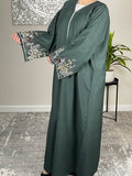 Forest Green Open Linen Abaya with Embroidered Sleeves