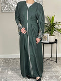 Forest Green Open Linen Abaya with Embroidered Sleeves