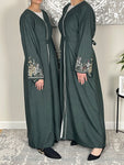 Forest Green Open Linen Abaya with Embroidered Sleeves