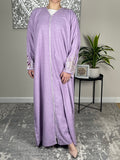 Lavender Open Linen Abaya with Embroidered Sleeves