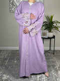 Lavender Open Linen Abaya with Embroidered Sleeves