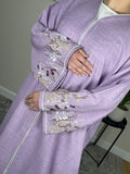 Lavender Open Linen Abaya with Embroidered Sleeves