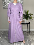 Lavender Open Linen Abaya with Embroidered Sleeves