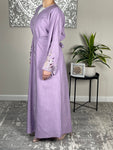 Lavender Open Linen Abaya with Embroidered Sleeves