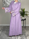 Lavender Open Linen Abaya with Embroidered Sleeves