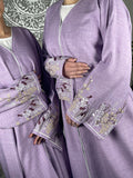 Lavender Open Linen Abaya with Embroidered Sleeves