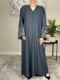 Dark Denim Open Linen Abaya with Embroidered Sleeves