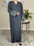 Dark Denim Open Linen Abaya with Embroidered Sleeves