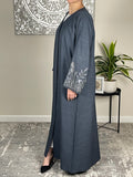 Dark Denim Open Linen Abaya with Embroidered Sleeves