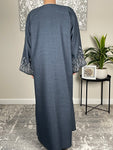 Dark Denim Open Linen Abaya with Embroidered Sleeves