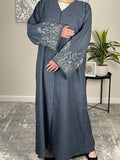 Dark Denim Open Linen Abaya with Embroidered Sleeves