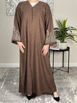 Bown Open Linen Abaya with Embroidered Sleeves