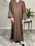 Bown Open Linen Abaya with Embroidered Sleeves