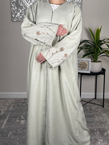 Light Sage Open Linen Abaya with Embroidered Sleeves