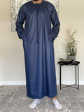 Men’s Shiny Navy Blue Omani Thobe Jubbah with Tassel