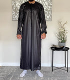 Men’s Shiny Black Omani Thobe Jubbah with Tassel