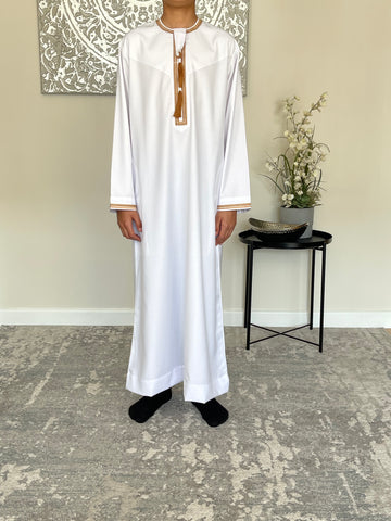 Boys White Omani Embroidered Thobe Jubbah