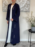 Premium 3 Piece Hand Embellished Navy Blue Open Abaya