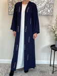 Premium 3 Piece Hand Embellished Navy Blue Open Abaya